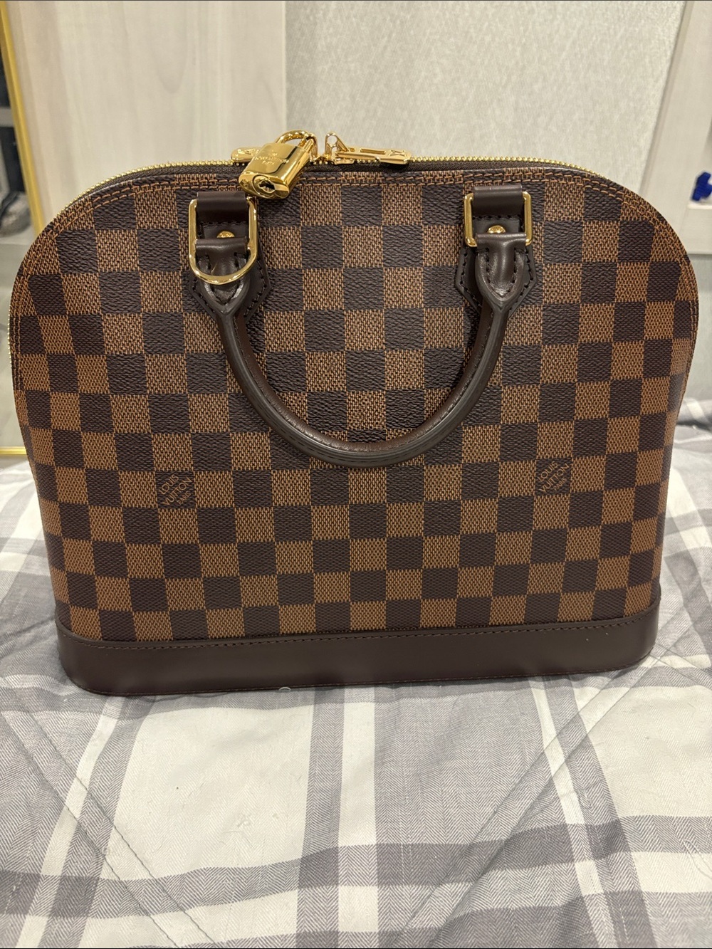 Louis Vuitton Brown Damier Ebene Alma Satchel with Gold Hardware